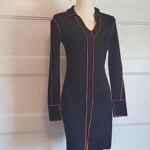 Chic Long Sleeve Black Dress with Orange Accents